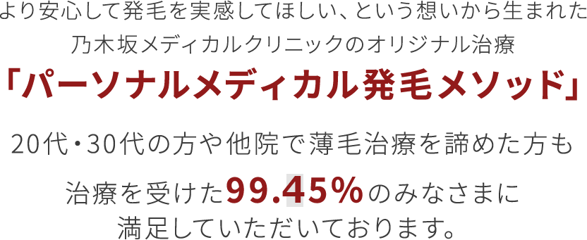 より安心して発毛を実感してほしい、という想いから生まれた乃木坂メディカルクリニックのオリジナル治療「パーソナルメディカル発毛メソッド」 20代・30代の方や他院で薄毛治療を諦めた方も治療を受けた99.15％のみなさまに満足していただいております。